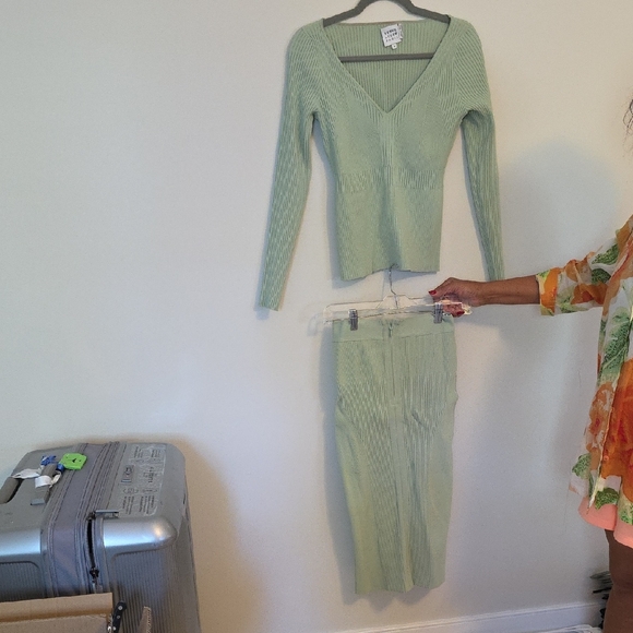 Herve Leger Light Green Ribbed Skirt Set